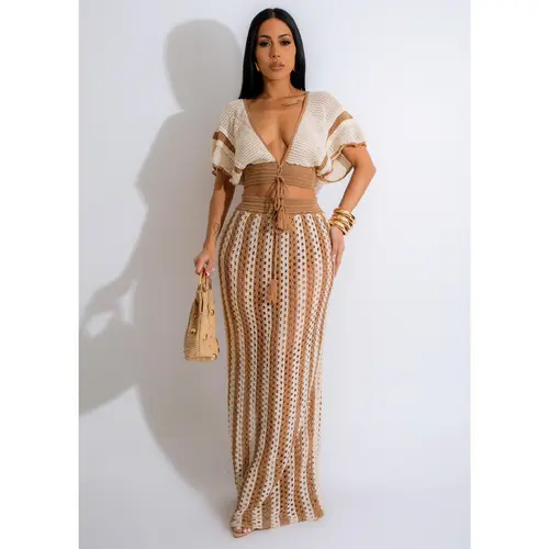 Skirt Sets Women 2 Piece Outfits Crochet Crop Tops and Striped Maxi Skirt Vacation Outfit Hawaiian outfit Featuring an openwork knit texture design Suitable for vacations, beaches, and cruises Valentine's Day