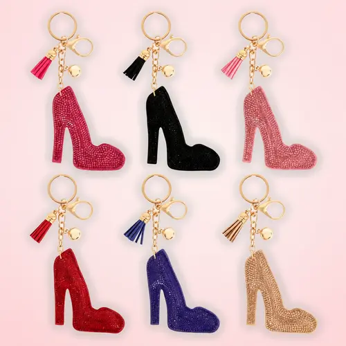 Glamorous Rhinestone Tassel High Heel Keychain - Pink Glitter Shoe Charm with Gold Tone Hardware, Everyday Keychain Accessory, Key Holder for Purse, Sparkles in Light, Elegant Fashion Accessory