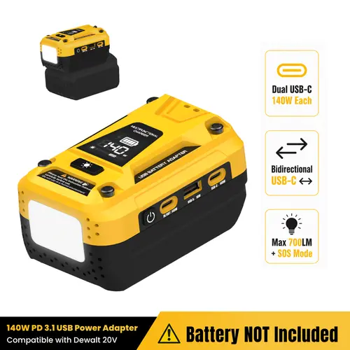 Azocek 140W PD 3.1 USB Adapter for Dewalt 20V Battery, Bidirectional Fast Charger & Portable Power Station with Dual USB-C, 18W USB-A, LED Digital Display & Multi-Mode Work Light (Battery Not Included)