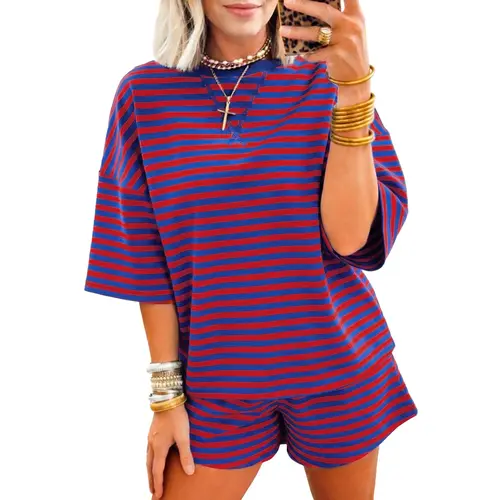 Mntaor Women's Cozy 2-Piece Ribbed Shorts Set Classic Navy Stripes Soft Cotton Blend Perfect for Lounging Sleeping or Casual Streetwear Clothes Womenswear