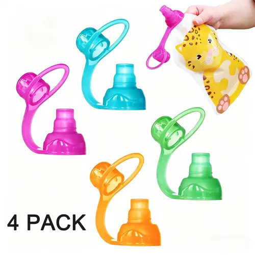 4 Pack No Spill Silicone Bottles Top Spout, Water Bottle Spout Adapters, Silicone Yummy Pouch Sippy Spout, Food Pouch Top, Baby Led Weaning, No Spill Flow Control Valve, Protects Childs Mouth, 100% Silicone, BPA Free, Feeding Accessories