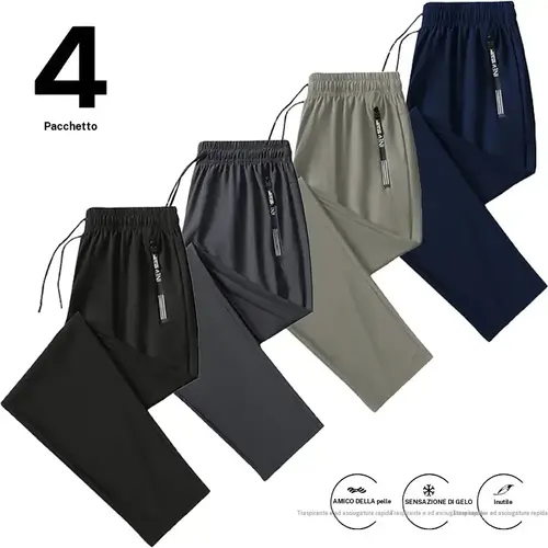 Men's 4-Pack Performance Joggers - Polyamide Elastane Sweatpants, Stretch Quick-Dry, Skin-Friendly Lightweight, Zippered Pockets, Drawstring Elastic Waist, Slim-Fit Straight Leg, All Seasons, Machine Washable for Gym, Daily Casual