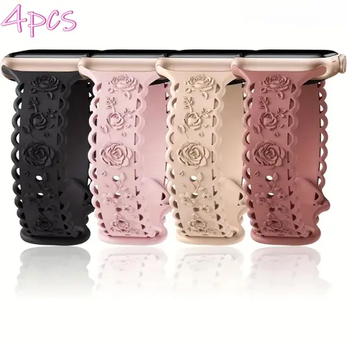 Women's 4-Piece Slim-Fit Rose Pattern Lightweight Lace Smart Watch Straps - 38-49mm,42mm/44mm/45mm/46mm/49mm (Series 1-10,SE,Ultra/Ultra 2), Floral DIY Bag Accessories for Outdoor Activities