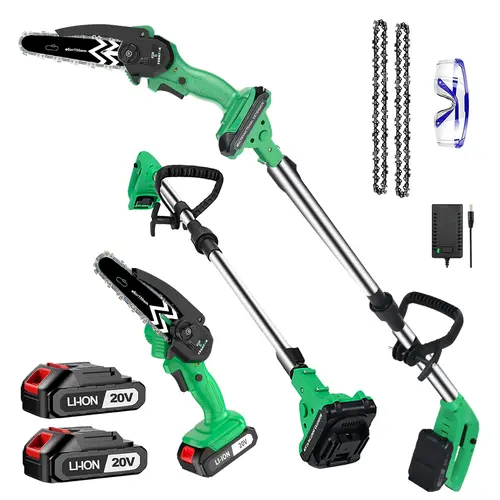 Brushless Motor 2-in-1 Battery-Powered Handheld Chainsaw-Pole Saw Combo with 2-Pack Dual Batteries, Metal-Plastic Limb Cutter, 15ft Reach Extension Pole, Lightweight Easy-to-Use Electric Pruner with Handheld Grip for Tree Trimming, DIY Projects