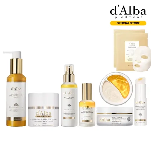 [OFFICIAL d'Alba] Full Skincare Routine Set |Return Oil Cream Cleanser,White Truffle First Spray Serum,Vita Collagen Pore Tightening Deep Cleansing Balm,Double Layer Revitalizing Serum,Double Serum & Cream,Vita Capsule Anti-Aging Hydrogel Mask 2 pcs