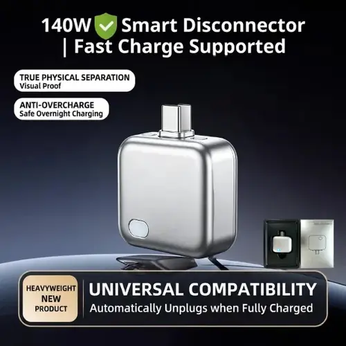 140W Type-C Physical-Disconnect Battery Guard - Auto & Self-Eject Charger, Smart Auto-Stop Charging Accessory for Mobile Smartphones, Laptops, Tablets, Anti-Overcharge Tech for Safe Overnight Use, Gift for Chargeable Devices