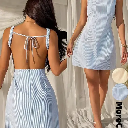 Summer Women's Striped Knit Elastic Backless Bow Round Neck Sleeveless Mini Dress, Waist Cinch Slim A-Line, Casual Daily Everyday Vacation Wear, Casual Summer Dresses