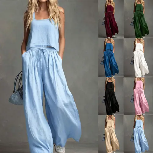 Women's Plus Size 2-Piece Casual Cotton-Linen Set - Sleeveless Camisole Top, Wide-Leg Pants, Solid Color, Sets for Women 2 Piece, 2 Pcs Set