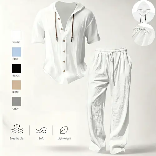 Men’s Linen material lightweight two-piece set ,Hooded short-sleeved shirt and wide-leg pants,casual vacation style, loose and breathable thin fabric, Hooded short-sleeved shirt and wide-leg pants, for summer wear