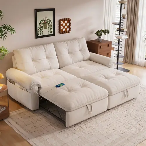 Queen Size Sofa Bed, 3-in-1 Convertible Sleeper Sofa Bed with Adjustable Backrest, Modern Velvet Couch with Side Pocket and USB Ports, for Living Rooms, Bedrooms, Small Spaces