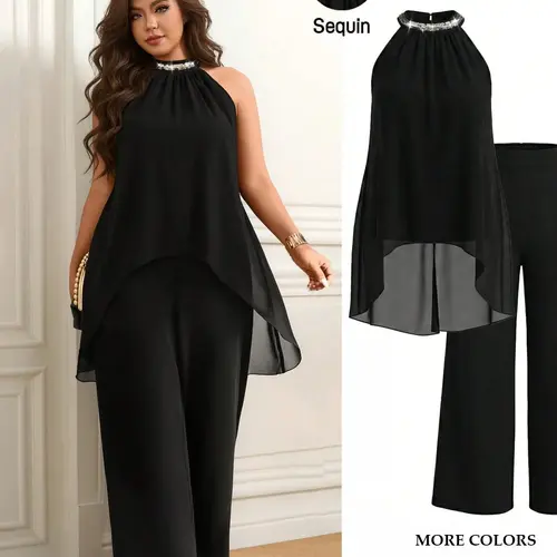 Women's Plus Size 2 Piece Outfits Clothes Top Trousers Set Sequin Halter Neck Sleeveless Flowy Top Wide Leg Pants Set Asymmetrical Hem Elegant Formal Evening Party Wedding Guest Trendy Chic