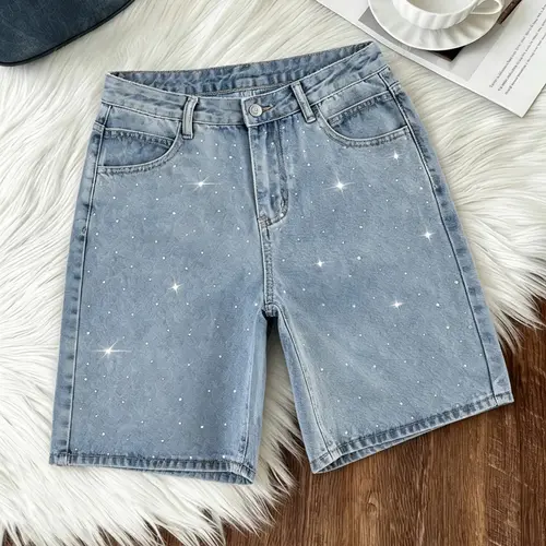 Summer New Women's Washed Rhinestone Button Elastic Light Wash Denim Fabric Shorts Bottoms, Fashion Comfortable Casual Style, Perfect for Daily Wear and Vacation