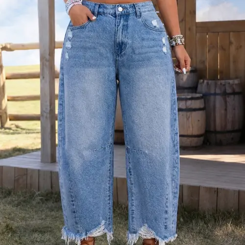 Women's Plus Size Fashion Non-Elastic Wide Leg Hi Waist Denim Jeans, Comfortable Trendy Versatile Pocket Pants for Daily Wear