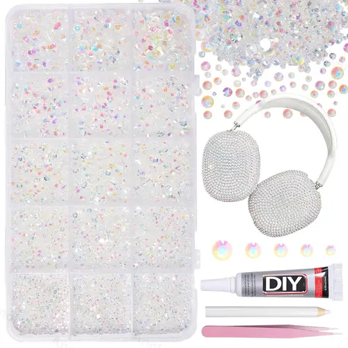 Ab Flat Back Rhinestones Set with  Tweezers and Dotting Tool, 15 Grids AB Crystal Rhinestones Kit & Pickup Tools, Clear Iridescent Flatback Rhinestones for Nails Art, Headphone，nail charms。ultimate creative gift for her,graduation gift,class of 2026！