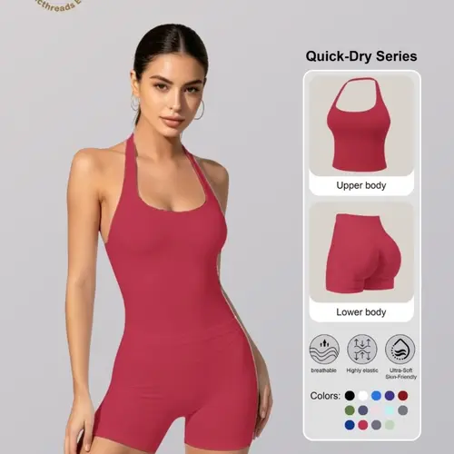 Women's Two-Piece Set, Athletic Sets, Solid Color Halter Top & High Waist Shorts, Sporty Breathable Quick-Dry High Stretch Exercise Activewear for Yoga Gym Workout Running, Athletic Clothes Set