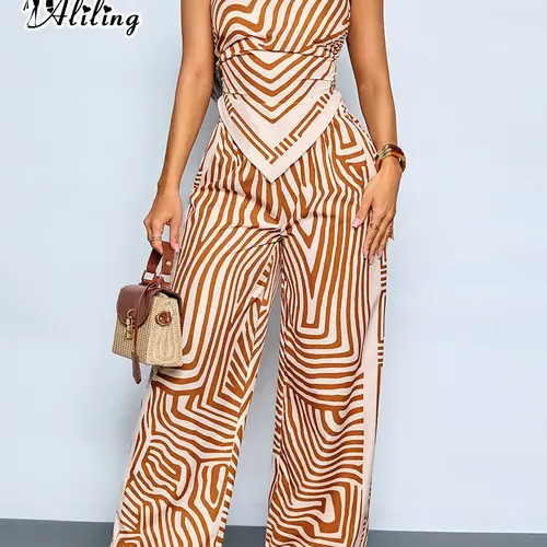 Aliling Two-Piece Summer Aesthetic Sexy Casual Women's Striped Long Pants Set, Scarf Neck Strapless Off-Shoulder Asymmetrical Top and High-Waisted Wide Leg Pants