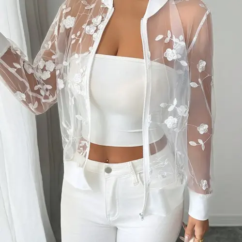 Women's Casual Floral Embroidery Mesh Zipper Lightweight Loose Long Sleeve Jacket for Spring & Summer, Breathable & Stylish Design