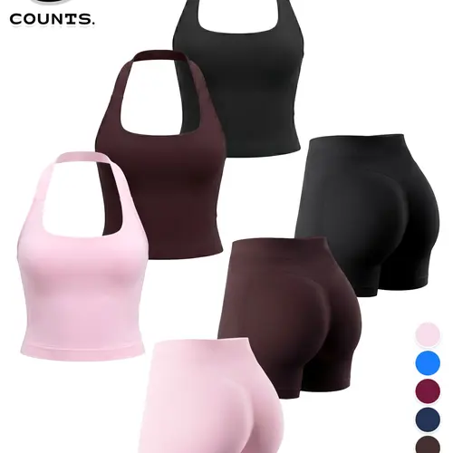 6-Piece Women's Impact Binding Summer Tank Top and Shorts Set, Exercise Activewear, Activewear Workout Set, Athletic Sets, Seamless Shaping Gym Wear, Sportswear For Gym, High Waist, Sporty Style, Elasticity, Summer Fitness Outfit