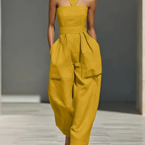 2026 Spring & Summer New Women's Solid Color Basic Tank High Waist Cuffed Jumpsuits, Fashionable Casual Daily Wear