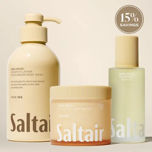 Saltair Shea Soleil Body Rituals Set - Cream-to-Lather Body Wash (17 fl oz), Nourishing Body Oil (4 fl oz) & Multi-Lipid Body Butter (10 oz) Bundle for Soft, Glowing Skin - Creamy Shea, Almond Milk, Smooth Vanilla.