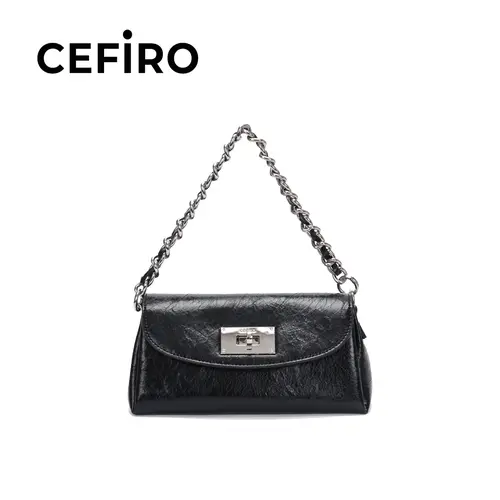 CEFIRO Urban Cora Black Vegan Leather Handbag, Women's Crossbody & Shoulder Bag with Chain Strap and Silver Lock