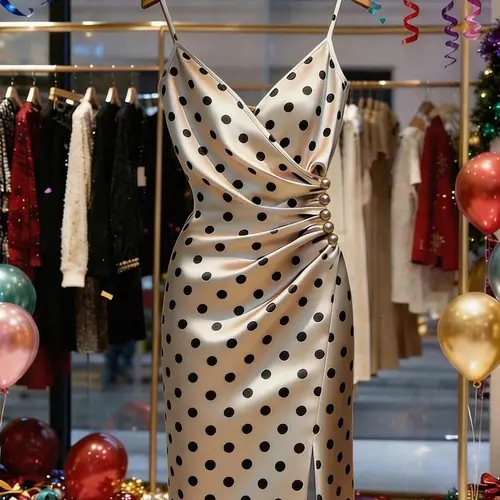 Women's Summer Minimalist Polka Dot Midi Dress, Knit Fabric, Champagne Color, Sleeveless Dress