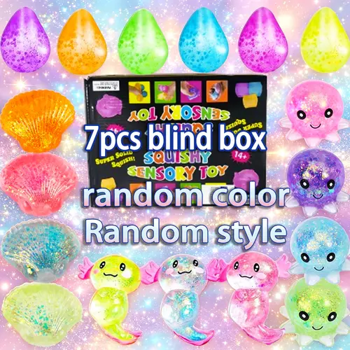 7-piece sensory pressure squeezing toy blind box random color style, Sensory fidget squishies, dreamy water droplet/octopus soft shell toy ball, Kawaii transparent stress jelly squeezing ball sensory toy, a gift to release anxiety