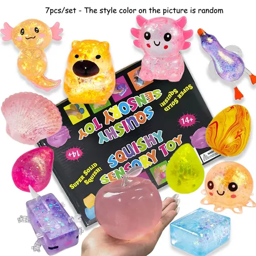Blind Box Random Color Style Stress Relieving Sensory Toy Set, 7-Piece Set, Stress Balls Set, Sensory Stress Squeezing Toy, Soothing Anxiety, Dreamy Water Drop/Octopus/Shell Toy Ball, Stress Relief Fidgets, Squishy Sensory Fidgets