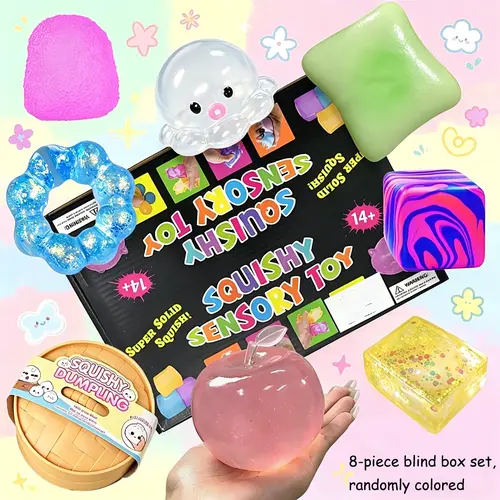 8 Counts/set Kneading Sensory Squishy Toy Set, Soft Slow-Rebound Stress Relief Satisfying Squishy Fidgets for Kids and Adults, Ideal Gifts for Autism and ADHD, Decompression Kneading Toy Blind Boxes for parties
