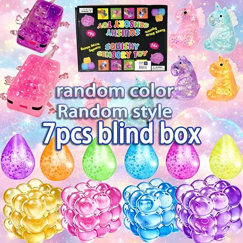 7-piece set - Blind Box Random Color Style Sensory Toy, Kawaii Sensory Stress Squeezing Toy, Soothing Anxiety, Creative Stress Relieving Toy, Dreamy Unicorn Water Drop/Cat Soft Shell Toy Ball, Transparent Shining Stress Jelly Squeezing Ball Sensory Toy
