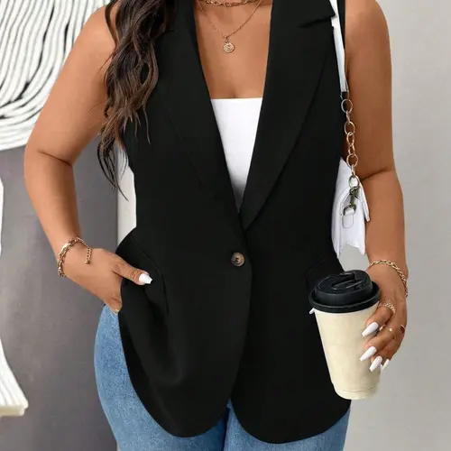 Women's Plus Size Sleeveless Blazer Vest, Gilet, Elegant Slim Fit, Notch Lapel Single Button Design, Business Casual Office Wear, Business Work Clothes, Teacher Professional, Graduation Fashion