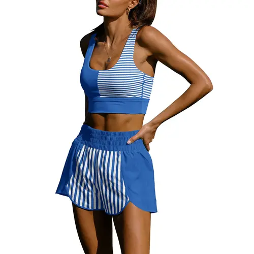 FISOEW Sports 2026 Summer Spring  Women's Colorblock Stripe Activewear Set Racerback Sports Bra & High Waisted Shorts for Gym Game Day & Casual Wear,travel essentials,camping essentials