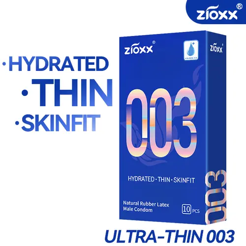 Zioxx 003 Adult Condoms, 0.045mm Bare-Feel Thin, Hydrating HA (Hyaluronic Acid) Lubricated, Low Odor Skinfit Natural Latex Rubber, Smooth, Soft, Sensitive Skin Safe-Tested, Easy Water Clean, 10 Pieces