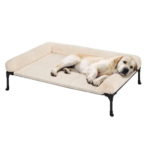 Veehoo Orthopedic Raised Dog Bed with Fluffy Plush Bolster Cushion, Mesh Cot with Coated Metal Frame, Cooling Detachable Washable Mat, No-Slip Feet for Large Indoor Dogs