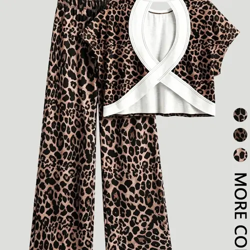 Women's Leopard Print Casual Loungewear Homewear Pajamas Two-Piece Set, Round Neck Short Sleeve Backless Top & Lounge Long Pants, Comfortable Wear, Comfy