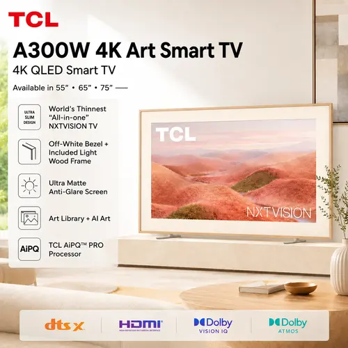 TCL NXTVISION A300W 4K QLED Art TV - 55"-75" Flat Screen Modern Television, Canvas Frame, 1.1" Ultra Slim, Ultra Matte Anti-Glare, Google TV, Dolby Atmos, Wall Mount Compatible, Photo Gallery Mode