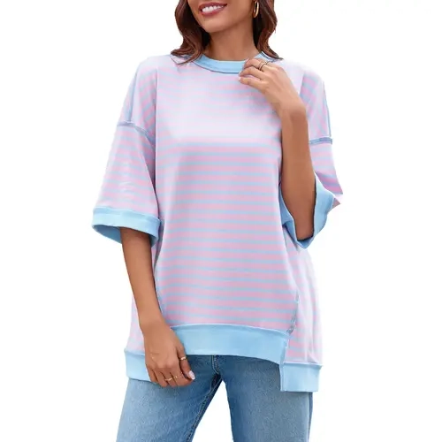Imily Bela Womens Fashion Oversized Half Sleeve T-Shirts Casual Striped Color Block Cotton Tee Tops Loose Cozy Sweatshirts