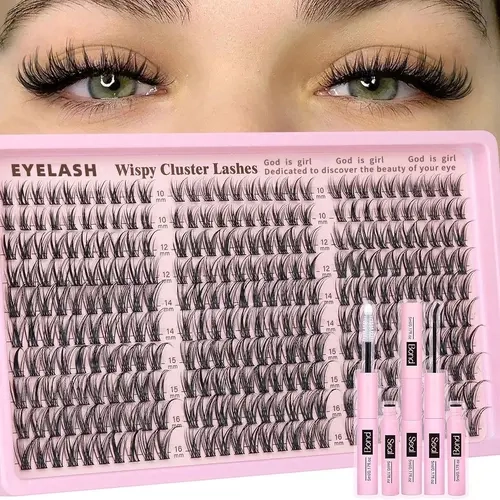 300pcs Waterproof Cluster Lashes Kit - 10-16mm C/D Curl Dramatic Fluffy Lash, Long Lasting Fluffy Volume Eyelashes, DIY Cosmetic Eyelash Extensions Makeup Tool for Back to School Soho Chic