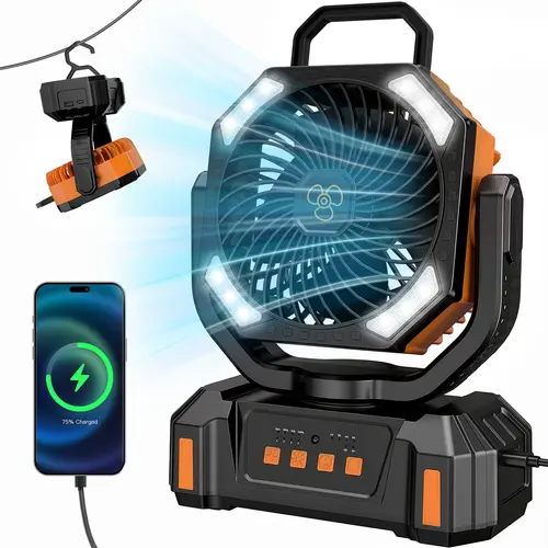 20000mAh Portable Camping Fan with Spray Humidification, 4 Speed Rechargeable Tent Fan with Remote, 270° Rotation, 3 Brightness Light, Timer Function, USB Power Bank for Outdoor Camping, Travel, Home Office