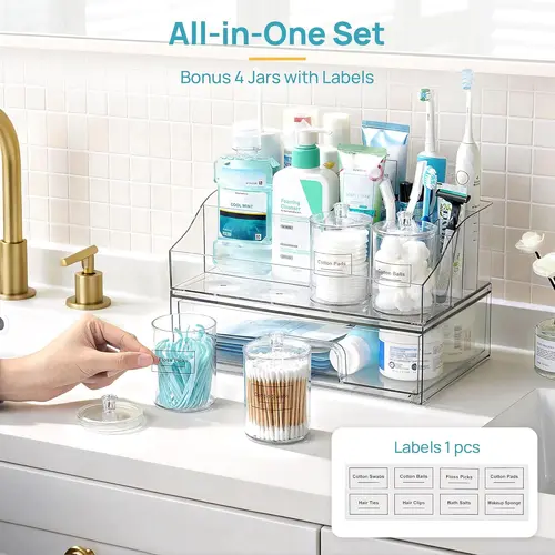 Vtopmart 6PCS Modern Bathroom Vanity Storage Containers - 1 Divided Tray, 4 Qtip Jars, 1 Drawer - Family-Friendly Organizer for Toothbrush, Cotton Pads, Accessories