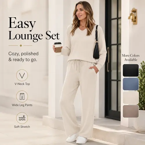 WIHOLL Women's 2-Piece Loungewear Set - V-Neck, Airport Wide Leg Sweatpants, Comfy Nightwear Pajamas, Sweatpants for Women