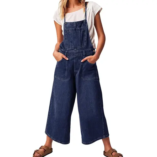 Ebossy Women's Strappy Floral Denim Overalls - Adjustable Spaghetti Strap, Vintage Fits, 90s Look, Loose Wide Leg, Baggy Crop Jean Bib Jumpsuit