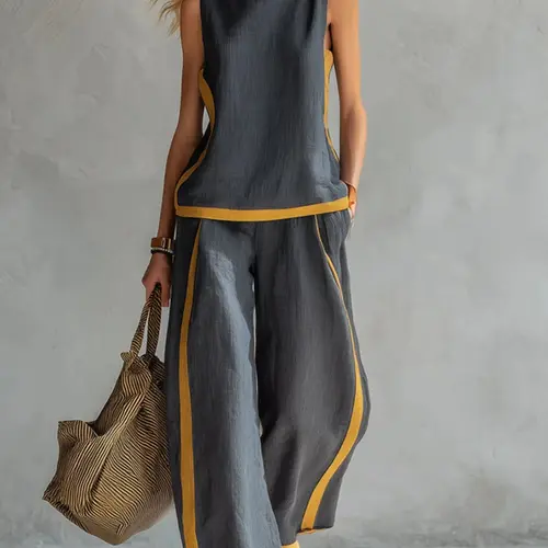 Women's Round Neck Sleeveless Oversized Loose Top and High Waist Wide Leg Pants Set, Casual Commuter, Fashion, Chic, Comfortable and Stylish, Clothes