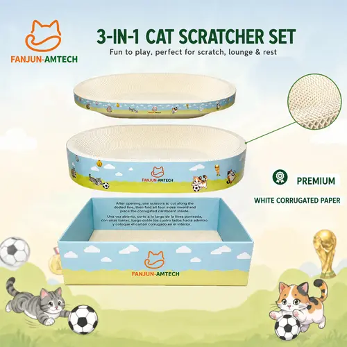 FANJUN-AMTECH 3-in-1 Cat Scratcher Set - Cartoon Sports Themed Classic Scratch & Rest Lounge & Bed, High-Density Durable White Corrugated Cardboard, Space-Saving Stackable Indoor Cat Furniture, TikTok Shop Summer Sale