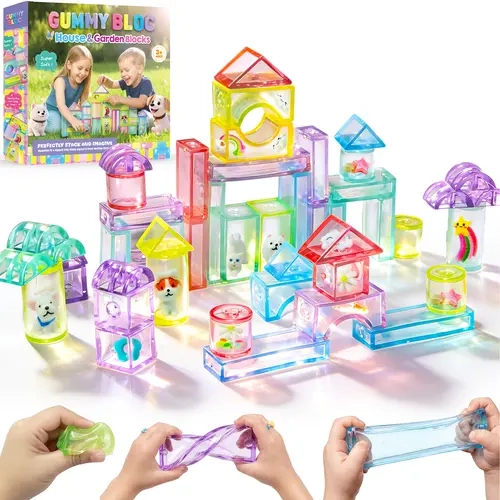 JoySpot Gummy Building Blocks for Toddlers Jelly Texture, Soft Sensory Squishy Blocks, Non-Toxic Montessori Stacking Toys for Fine Motor Skills, STEM Preschool Educational Gift for Kids Age 3+ Stacking Block Game Creative Building Blocks