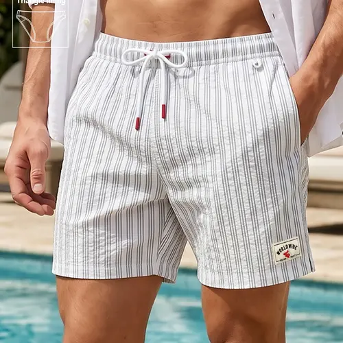 Men's Beach Shorts, Beach Swim Shorts, Swimming Shorts, Swimwear Shorts, Bubble Mesh Fabric, Classic Stripes, Loose Fit, Drawstring Waist, Casual Style, Short Length, Natural Waist