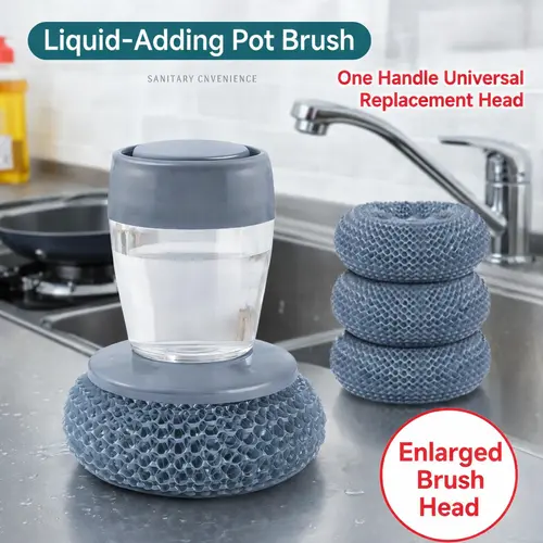 Automatic Liquid Filling Palm Brush, Kitchen Cleaning Tool with Comfortable Ergonomic Non-Slip Handle, Durable Bristles, Removable Washable Design - Multi-Purpose for Sink, Pot Cleaning