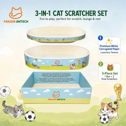 FANJUN-AMTECH Eco-Friendly 3-in-1 Compact & Versatile Cardboard Cat Scratcher - White Corrugated Bed, Lounge & High-Density Pad, Stackable Set for Small-Large Cats, Cartoon Sports Classic Play & Rest Gear (Summerwins TikTokShopSummerSale), Multi-Level Scr