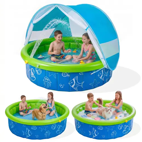47in Kiddie Inflatable Kids Pool for Toddlers - Foldable Above Ground with Removable Canopy, Portable Non-Slip Splash Model with Easy Drain, Quick Tool-Free Setup for Backyard Travel, Kids Toys