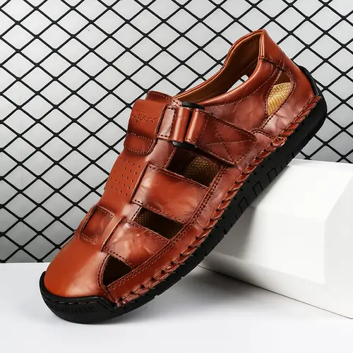 Men's Closed-Toe Fisherman Look Shoes, Woven Leather Upper Plain Sandals with Adjustable Ankle Strap for Outdoor Casual Walking